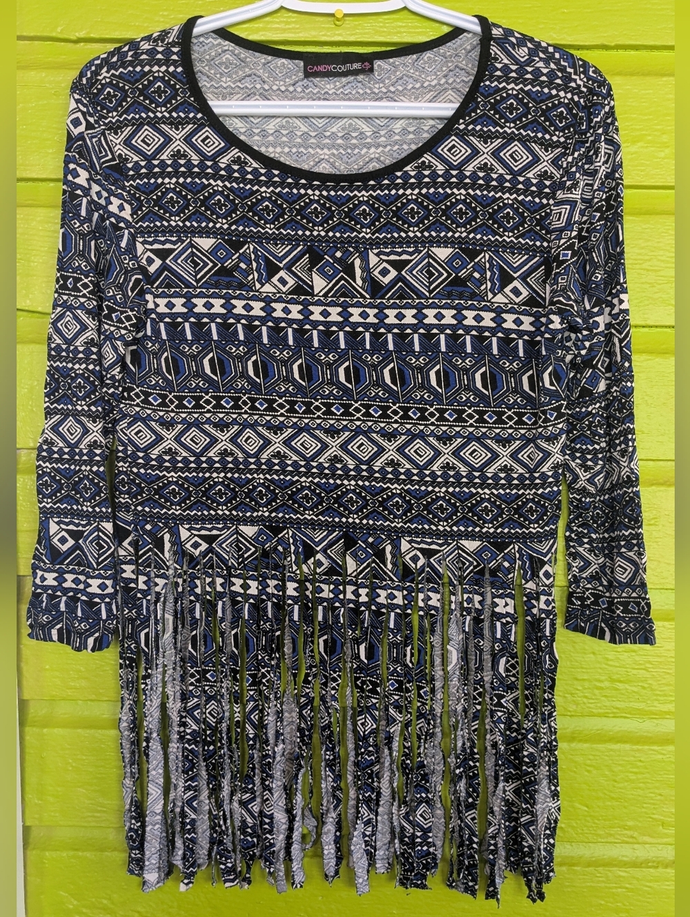 Candy Couture Blue & White Geometric Aztec Fringe Top Small